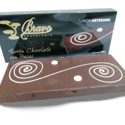 Turrón Chocolate con Pasas Turrón Chocolate con Pasas, Turrón Artesano, Turrón chocolate, Pastelería Bravo, Los Yébenes, Turrón Toledo